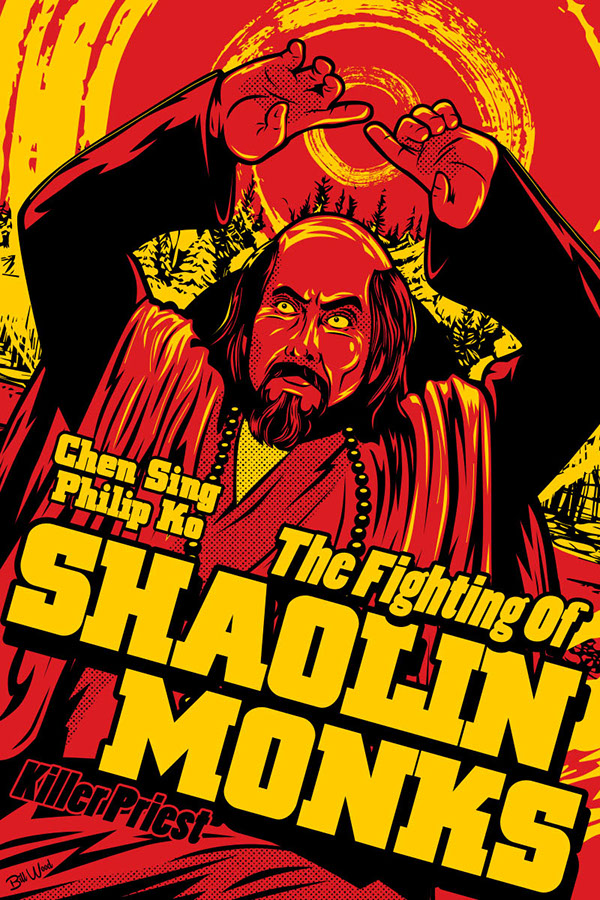 Fighting of Shaolin Monks Kung Fu movie poster art by Bill Wood.
