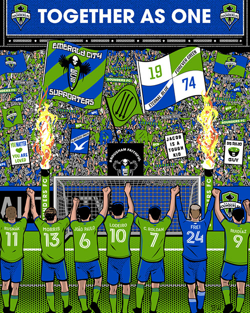 Seattle Sounders FC soccer poster art by Bill Wood.