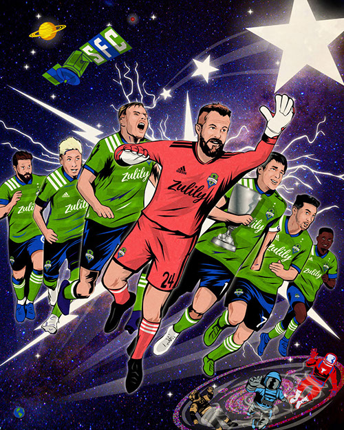 Seattle Sounders FC soccer poster art by Bill Wood.