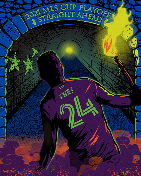 Seattle Sounders FC soccer poster art by Bill Wood.