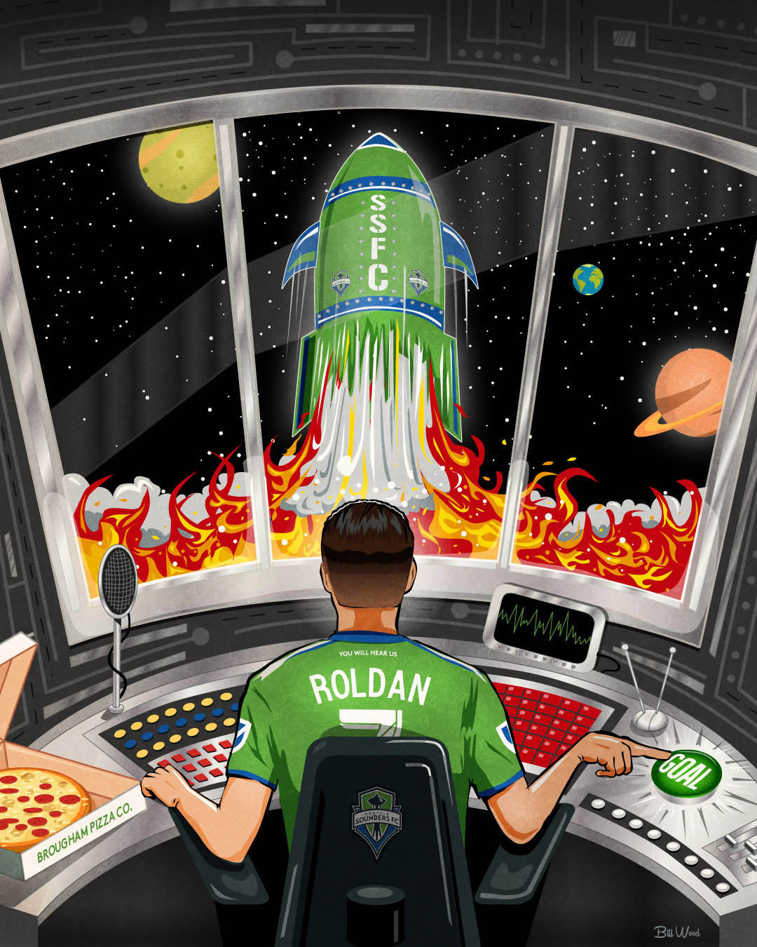 Seattle Sounders FC soccer poster art by Bill Wood.